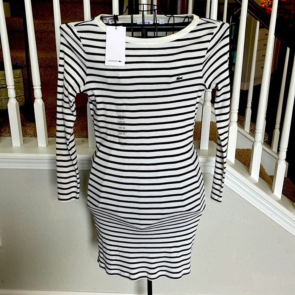 Lacoste Black and White Striped Long Sleeve Bodycon Dress